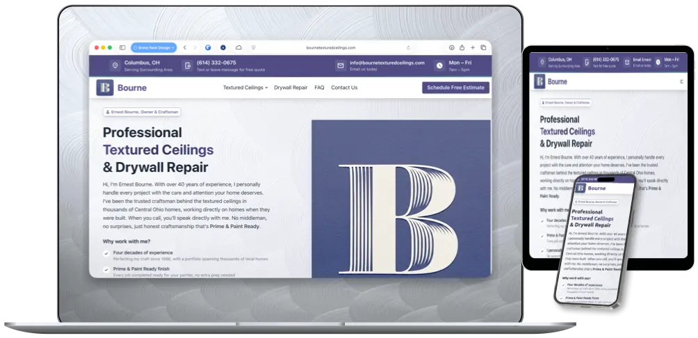 Responsive website mockups for Bourne Textured Ceilings on multiple devices.