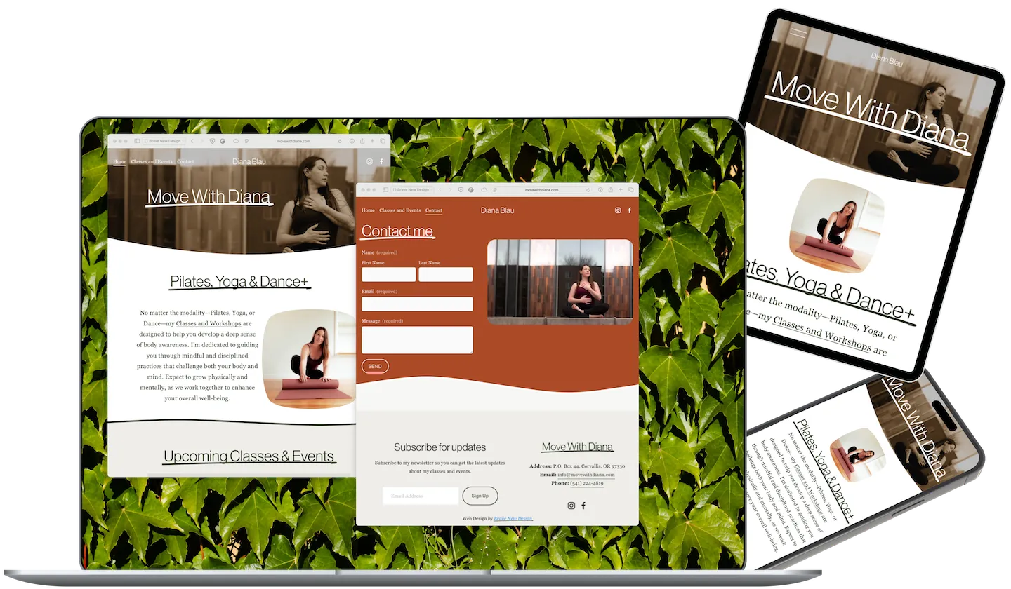 Responsive website mockups for Dance With Dianna on multiple devices.