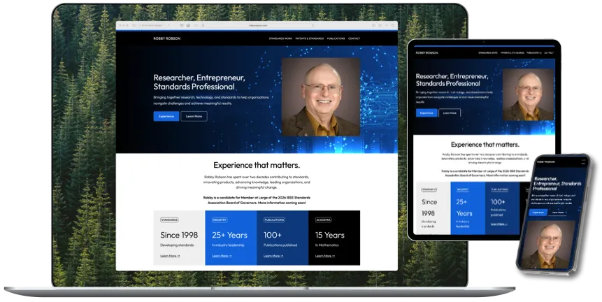 Responsive website mockups for Robby Robson on multiple devices.
